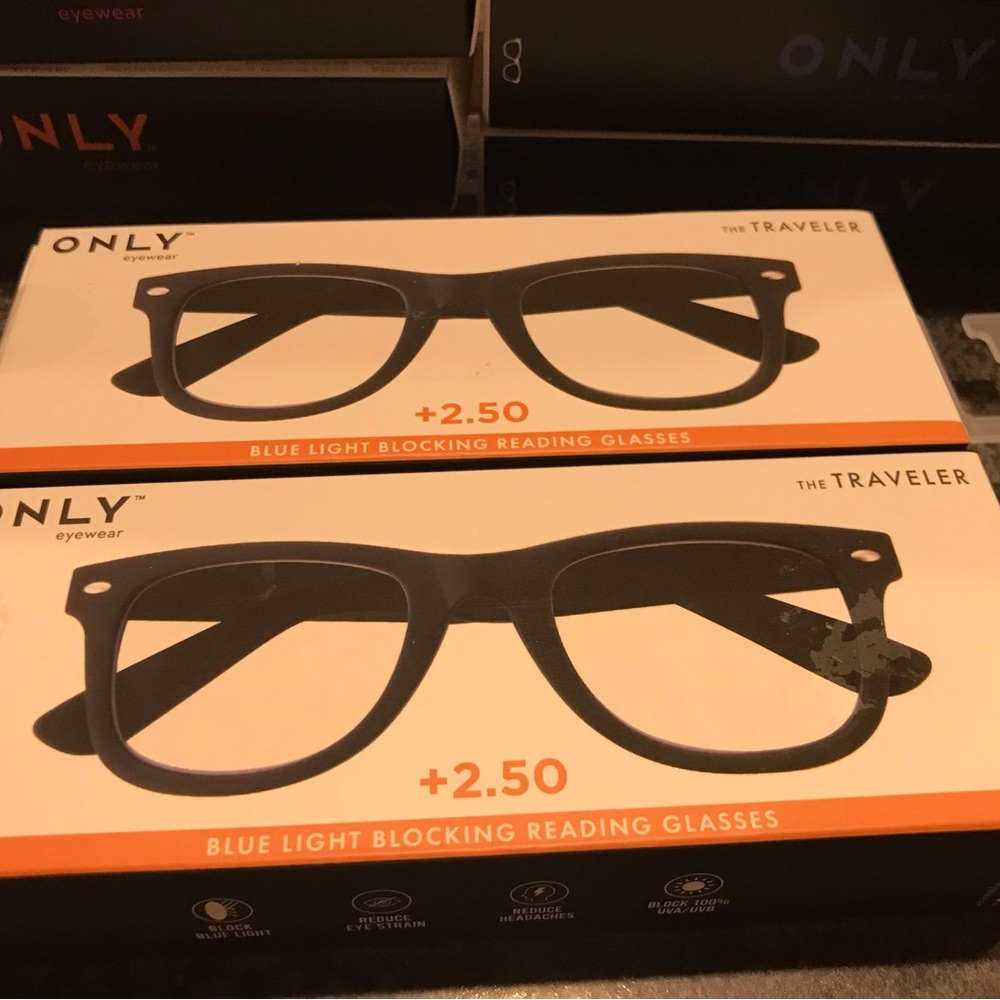 Two pairs THE ONLY EYEWEAR 2.50 Strength Blue light blocking readers